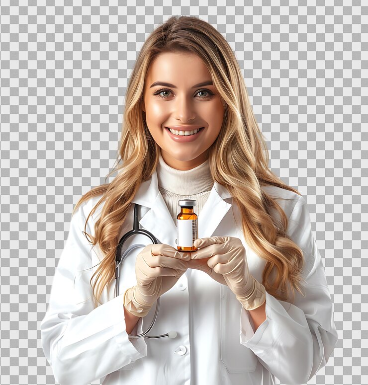 PSD médica segurando um frasco de vacina em fundo transparente isolado