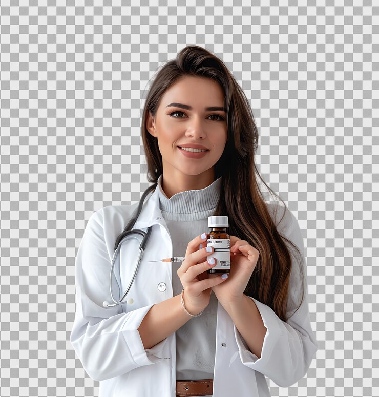 PSD médica segurando um frasco de vacina em fundo transparente isolado