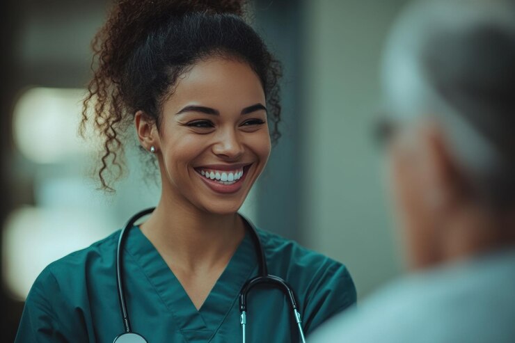 PSD médica sorridente a falar com um paciente idoso