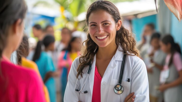 PSD médica sorridente de casaco branco com estetoscópio interagindo com pacientes em um país em desenvolvimento