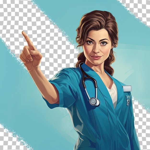 Médica en uniforme azul señalando con el dedo