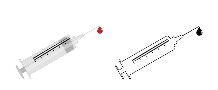 PSD medical syringe with droplet of blood and outline