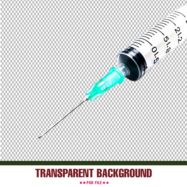 PSD medical syringe with hypodermic needle and turquoise glow on transparent background