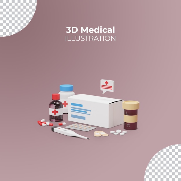 PSD medicamentos de saúde de medicamentos e medicamentos de pílulas conjunto de ilustração 3d