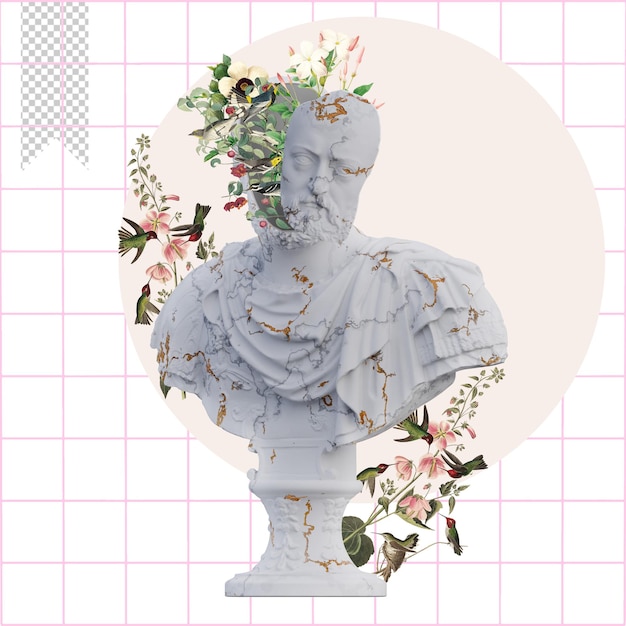 PSD de medici estatuas 3d render collage con composiciones de pétalos de flores para su trabajo