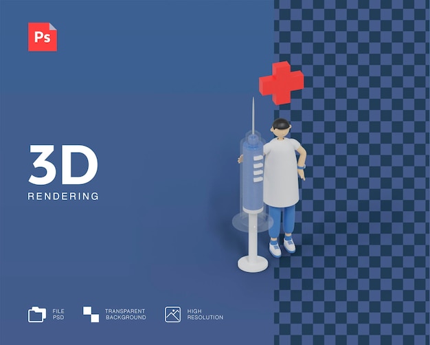 Médico 3d com ilustração de injeção