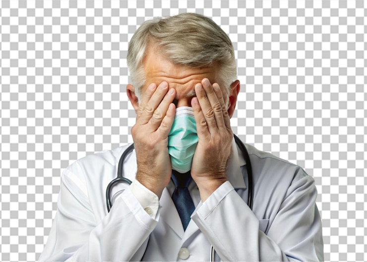 PSD médico cansado cubriendo sus ojos contra un fondo blanco