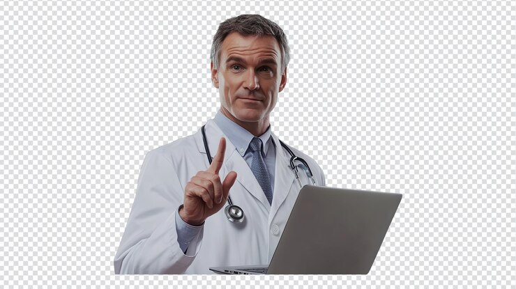 PSD médico caucásico de mediana edad con una computadora portátil que muestra datos de atención médica para prácticas médicas modernas y soluciones de telemedicina