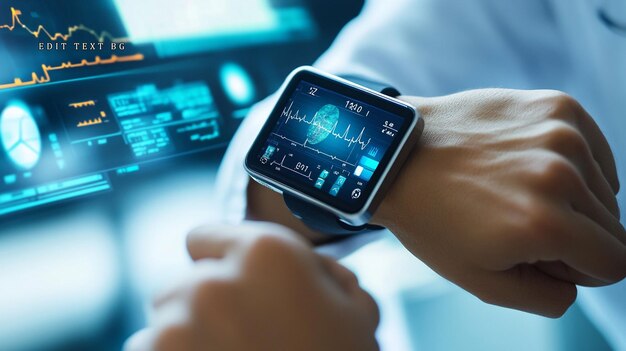 Médico chequeando a los pacientes reloj inteligente que muestra datos de salud