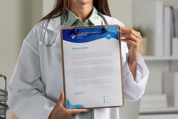 PSD médico de clínica con maqueta de portapapeles