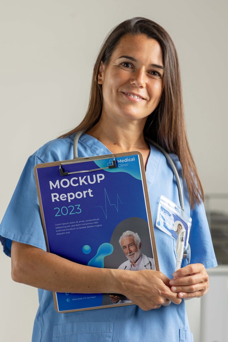 PSD médico de clínica con maqueta de portapapeles