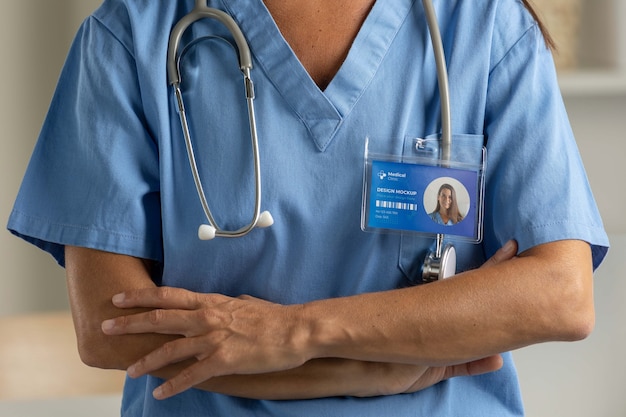 Médico de la clínica con maqueta de tarjeta de identificación