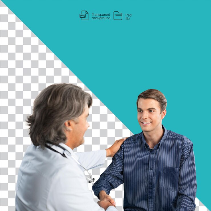 PSD el médico consola al paciente con la mano en el hombro