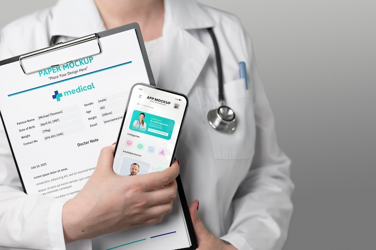 PSD médico de vista frontal segurando o telefone