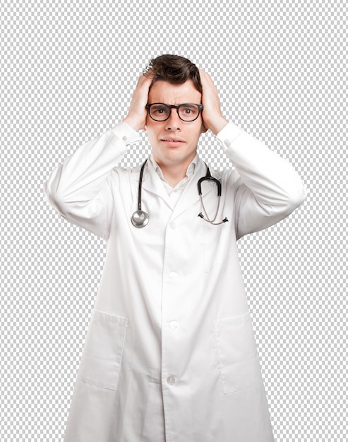 Médico deprimido contra el fondo blanco