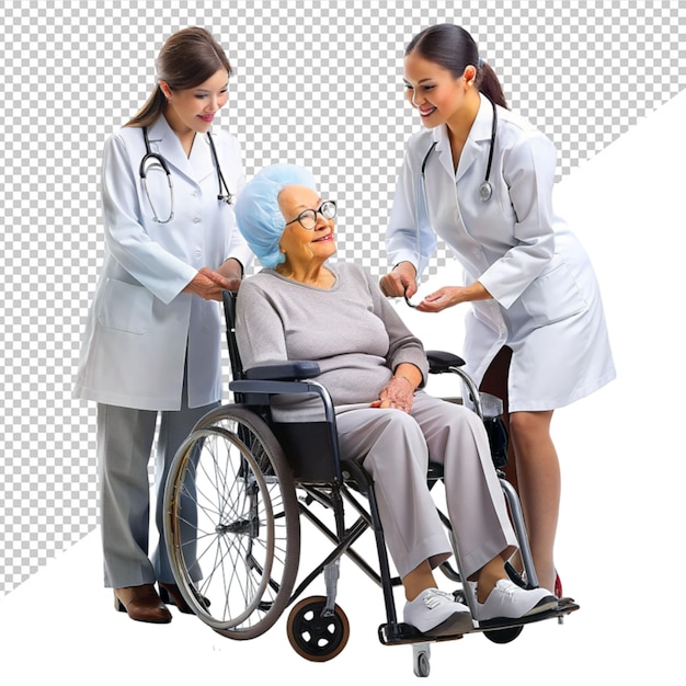 PSD médico e enfermeira tratando uma velhota em fundo transparente