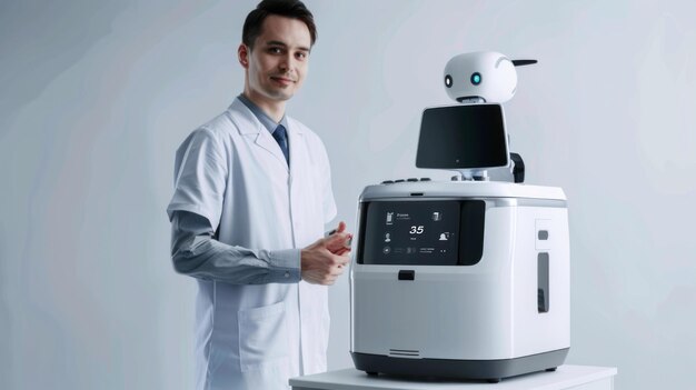 Un médico está orgulloso al lado de un robot médico futurista