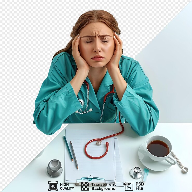 PSD médico exausto com estetoscópio, caderno e café imagem transparente de alta qualidade não gratuita a