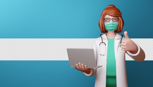 Medico felice che indossa la maschera pollice in alto con il taccuino nella rappresentazione 3d