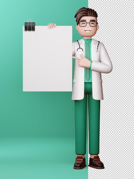 Medico felice con lo schermo in bianco e la rappresentazione vuota della scheda 3d