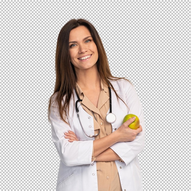 Un médico feliz con una manzana en la mano