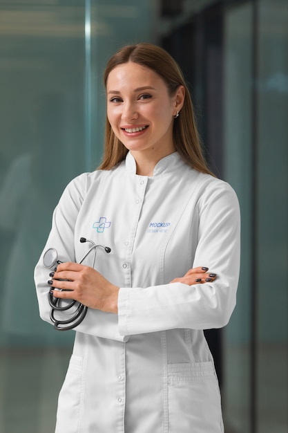 Médico feminino vestindo design de maquete de jaleco