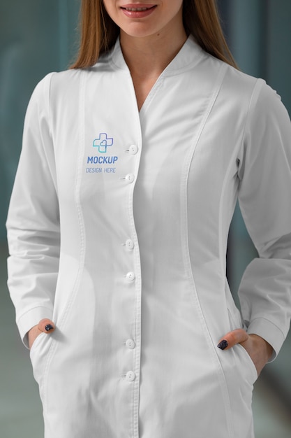 PSD médico feminino vestindo design de maquete de jaleco