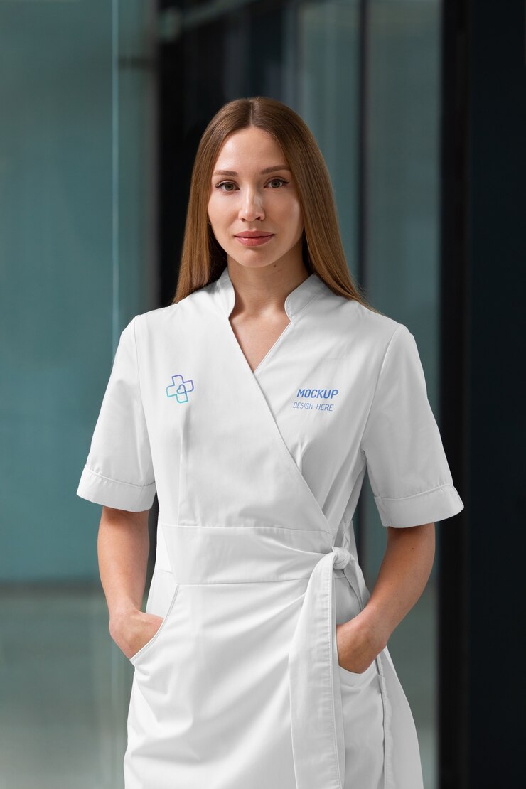 PSD médico feminino vestindo design de maquete de jaleco