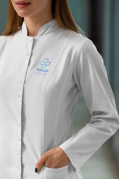 PSD médico feminino vestindo design de maquete de jaleco