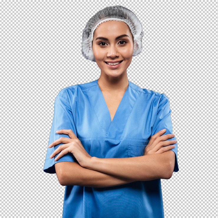 PSD medico femminile allegro che guarda e che sorride isolato