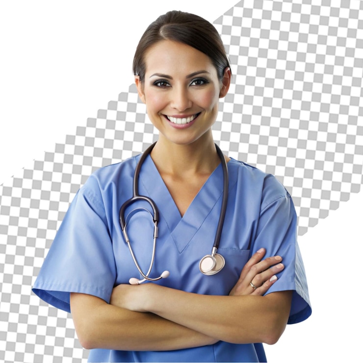 PSD medico femminile che per mezzo dello stetoscopio sulla superficie bianca