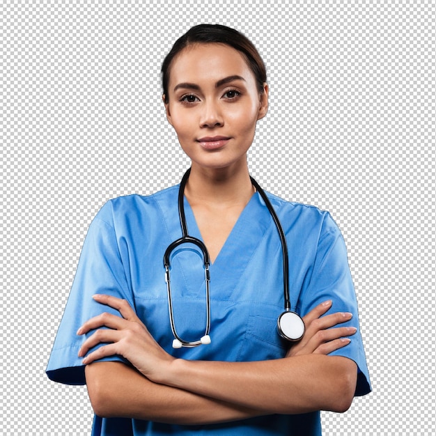 Medico femminile serio che guarda e che si tiene per mano piegato isolato