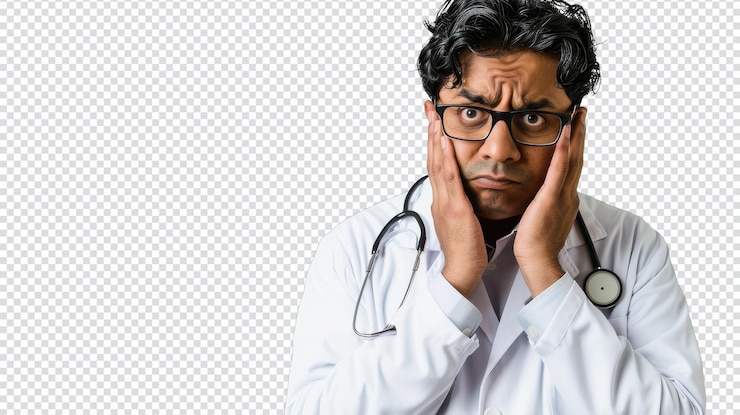 PSD médico indio frustrado aislado en un fondo blanco ideal para contenido relacionado con la salud