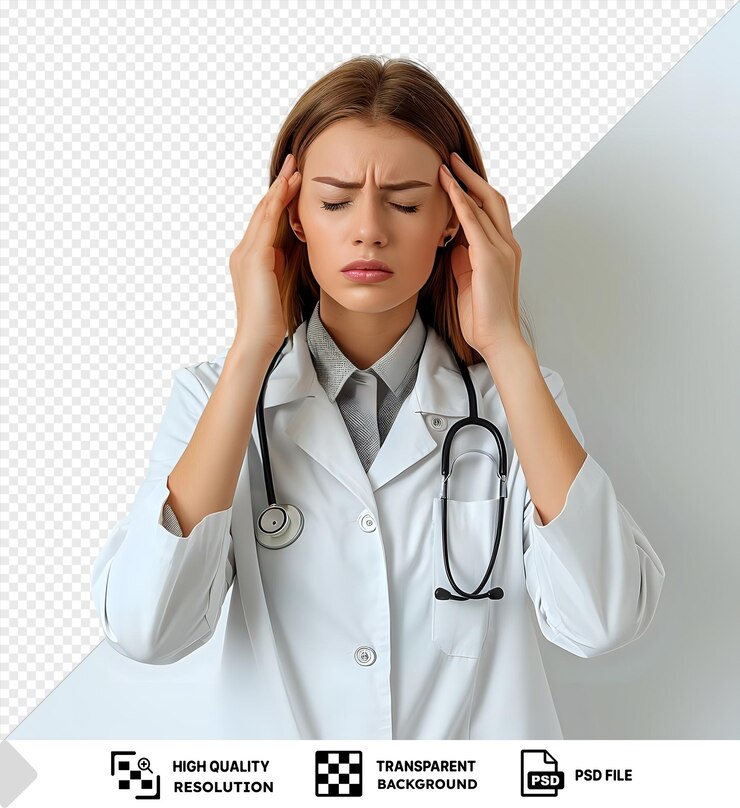 PSD médico jovem e bonito com dor de cabeça depois de um longo dia de trabalho png psd