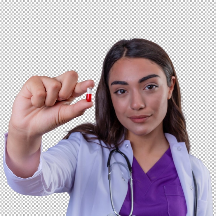 PSD médico jovem no jaleco branco com estetoscópio, olhando para a câmera com sorriso no rosto, segurando o comprimido pequeno na mão sobre fundo branco isolado