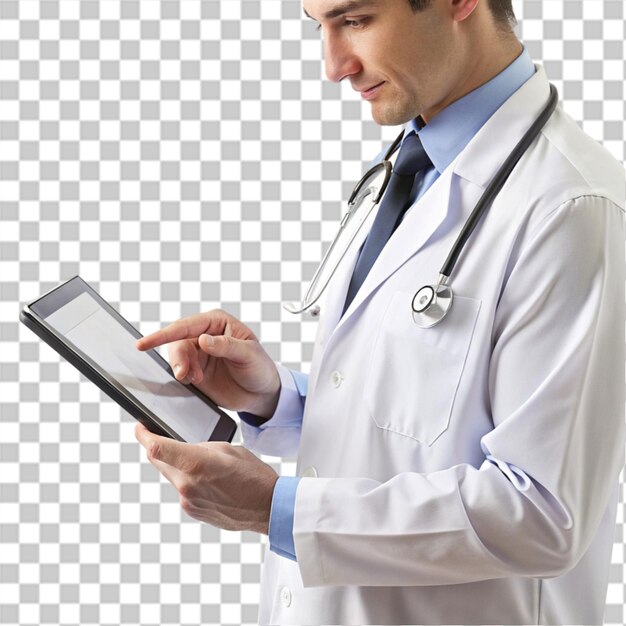 PSD médico masculino a trabalhar num tablet digital