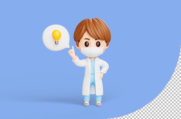 Médico masculino em pé e apontando os dedos até a lâmpada de bolha tendo uma ótima ideia personagem de desenho animado de ilustração 3d