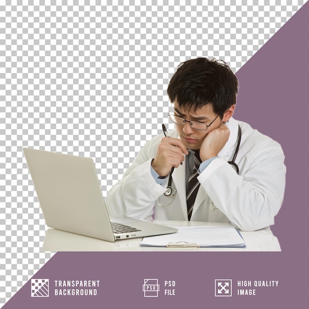 médico masculino escrevendo na frente de um laptop em um fundo transparente