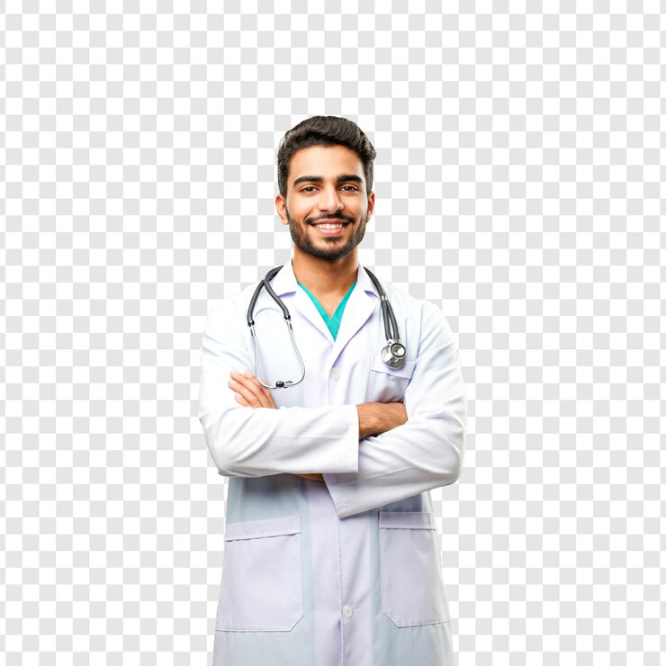 un médico masculino con un estetoscopio en el pecho aislado en un fondo transparente