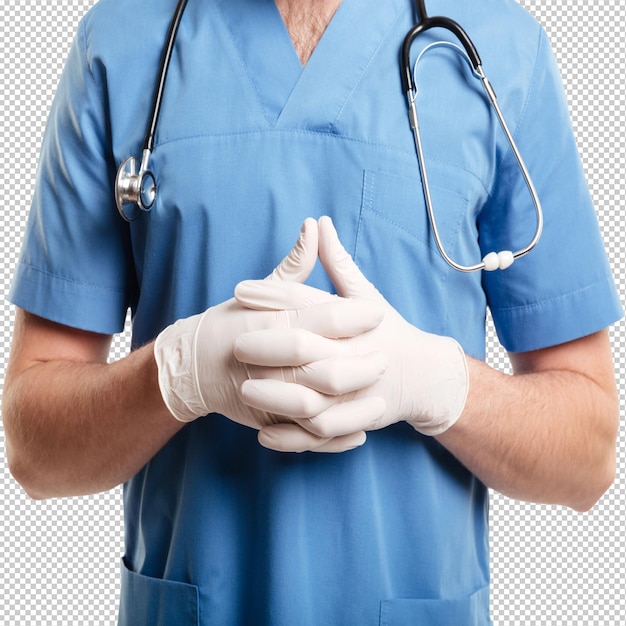 Médico masculino ou enfermeira usando estetoscópio e luvas cirúrgicas