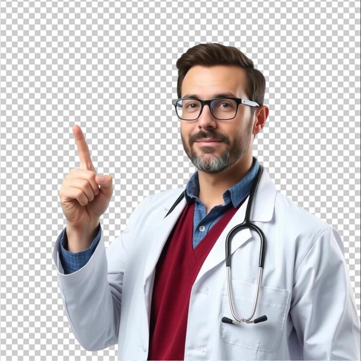 PSD médico masculino señalando el dedo hacia arriba hacia el lado izquierdo aislado en blanco