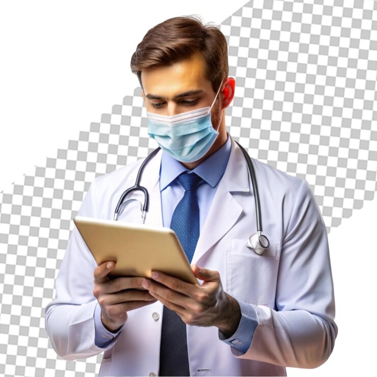 PSD médico masculino con una tableta.