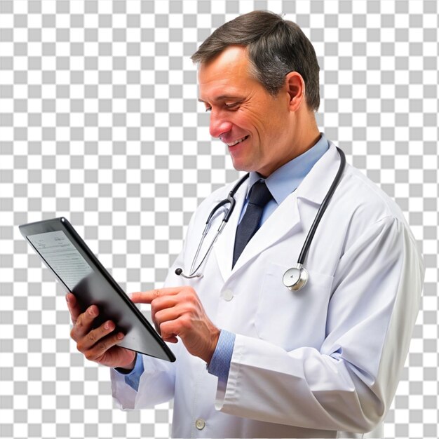 PSD médico masculino trabajando en una tableta digital