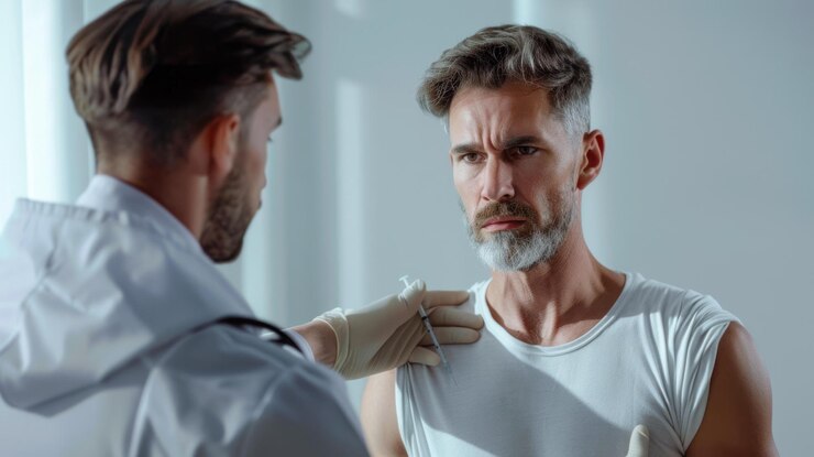 PSD el médico se prepara para dar una inyección a un paciente masculino