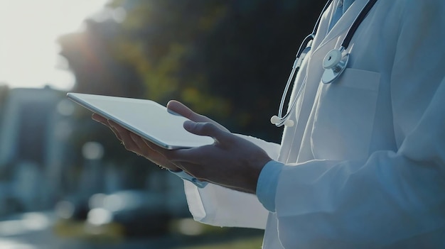Médico que utiliza una tableta digital al aire libre