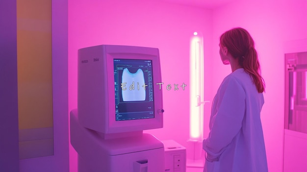 El médico revisa la imagen de escaneo médico en el monitor en una habitación iluminada en rosa
