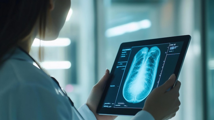 PSD médico revisando a radiografia torácica no tablet