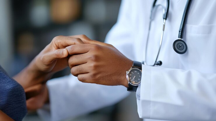 PSD médico segurando as mãos de pacientes mostrando empatia e cuidado