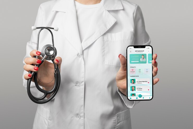 PSD médico segurando dispositivo e vista frontal do estetoscópio