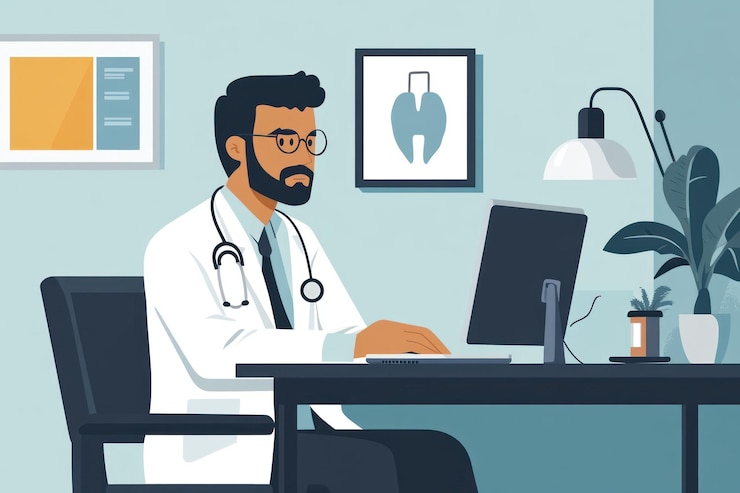 PSD médico sentado en el escritorio usando la computadora en la oficina